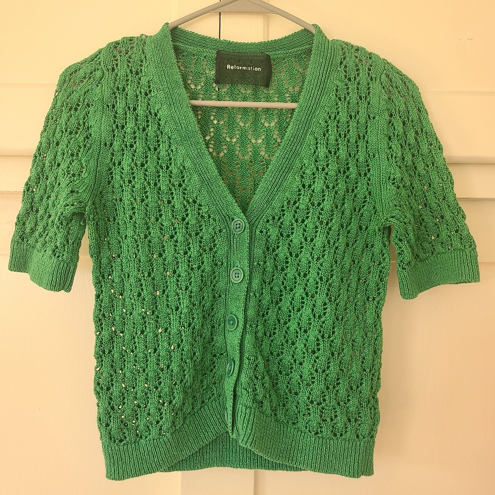 Reformation Pansy Crochet Eyelet Short Sleeve Button Down Cardigan
